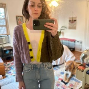 Multi-colored cropped cardigan in lavender, neon green, and olive